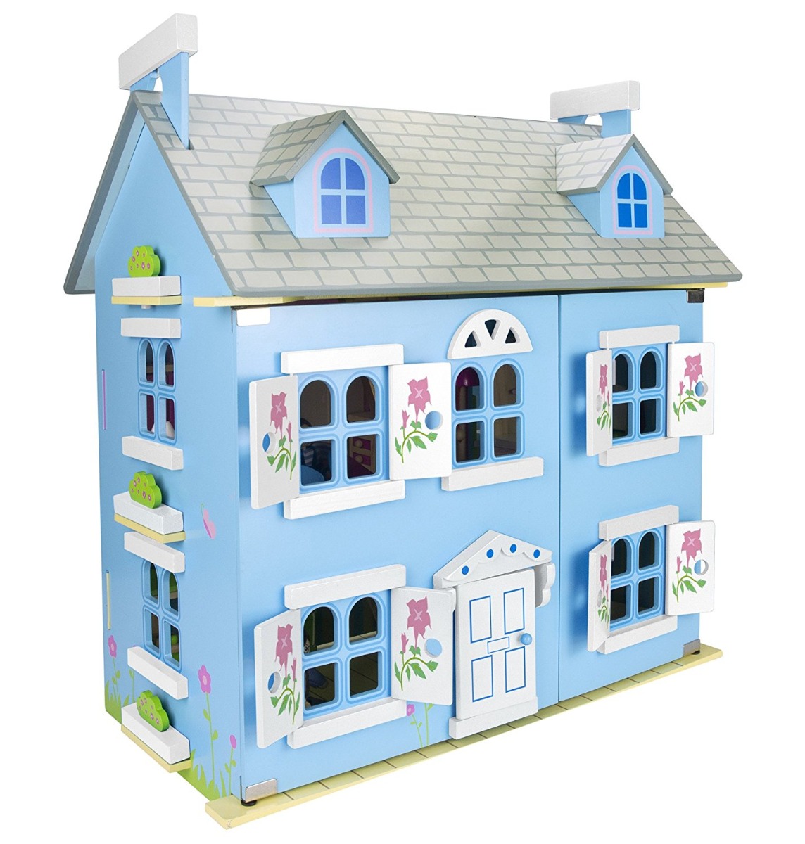 Leomark Blue Wooden Dolls House with Furniture and Dolls