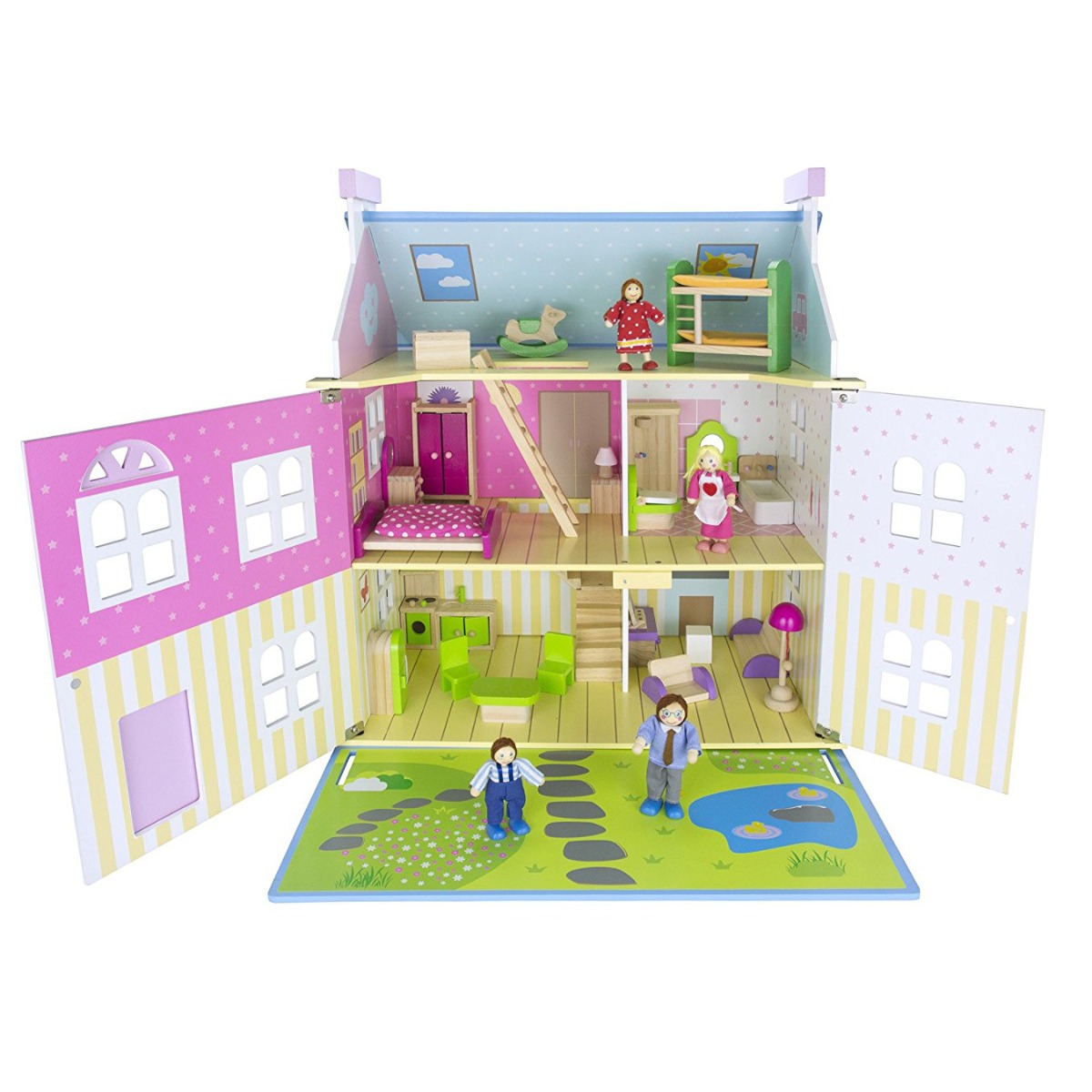 Leomark Blue Wooden Dolls House with Furniture and Dolls