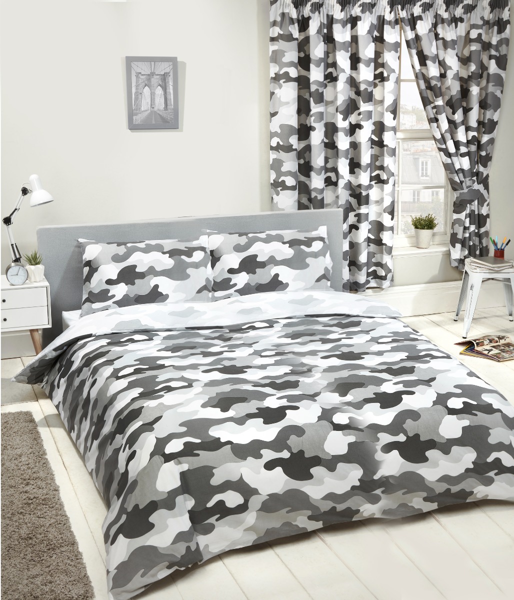 Grey Army Camouflage Reversible Duvet Cover and Pillowcase Set