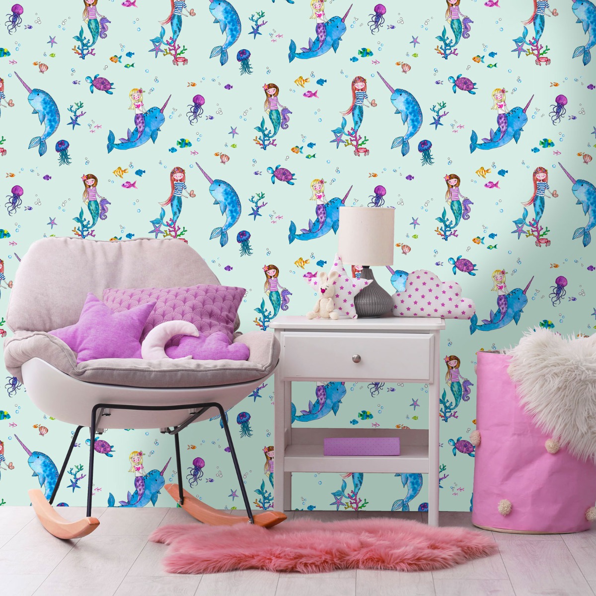 Over the Rainbow Narwhals and Mermaids Wallpaper Light Teal Holden 91011