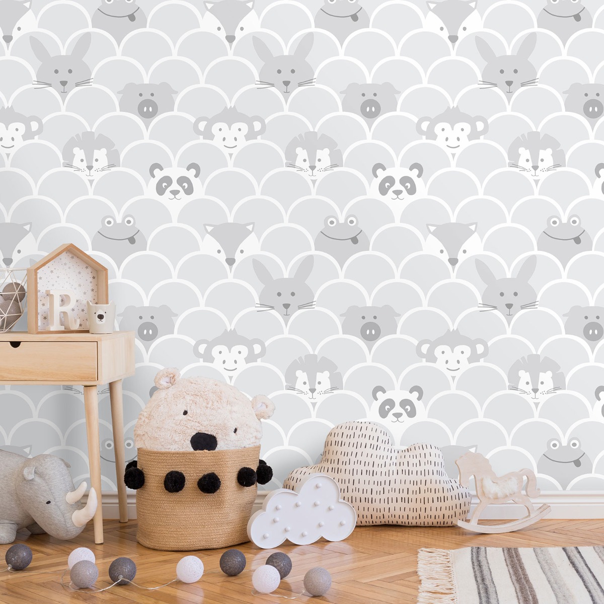 Over the Rainbow Peek a Boo Animals Wallpaper Grey Holden 91030