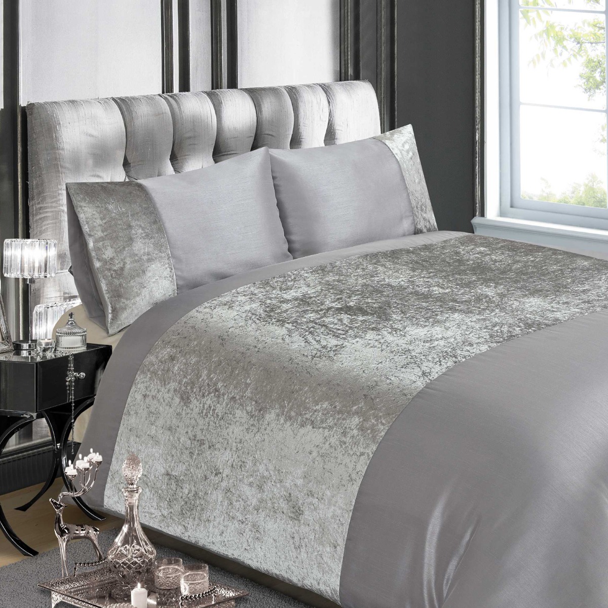 Crushed Velvet Silver Duvet Cover Set