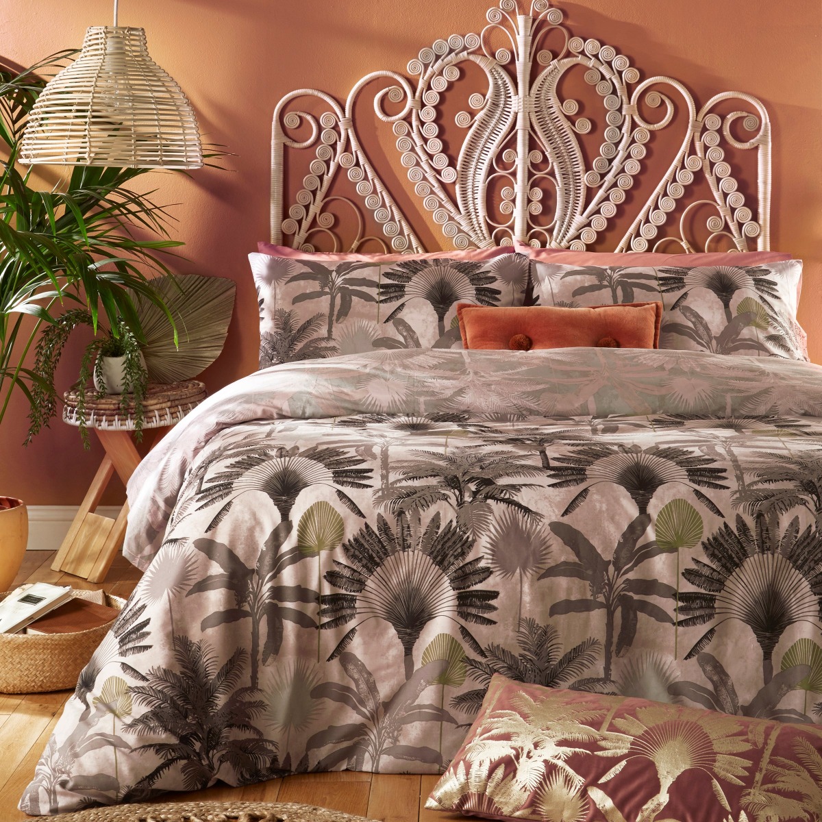 Furn Malaysian Palm King Size Duvet Cover Set Dusky Blush